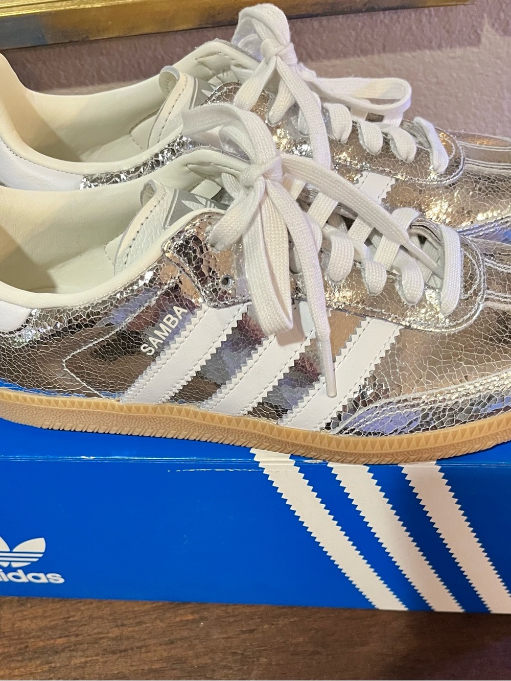 Adidas Samba Women’s Silver Crackle Metallic Sneakers with White Stripes size 8
